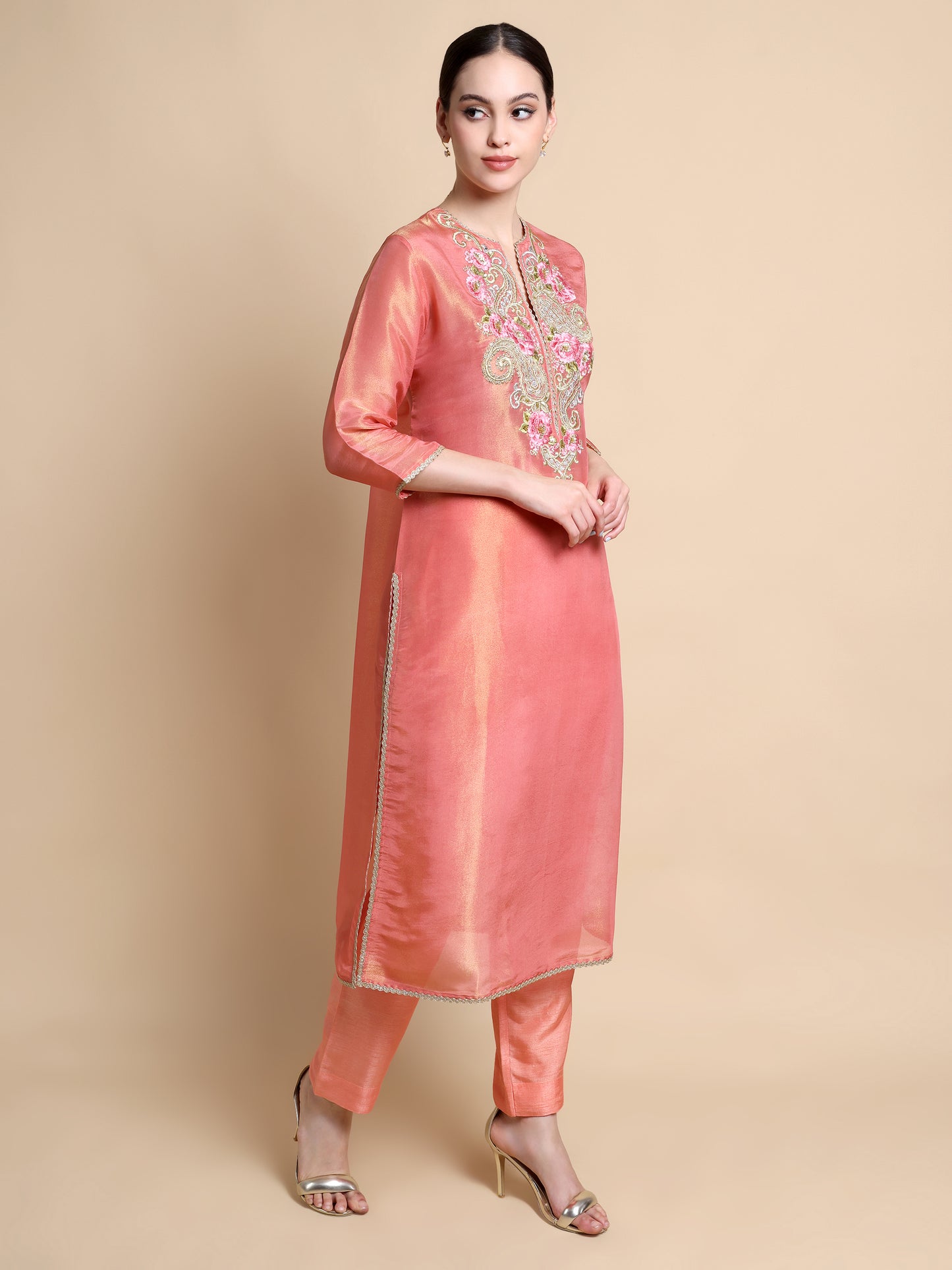 Pink Tissue Silk Kurta with Floral and Paisley Zari Embroidery