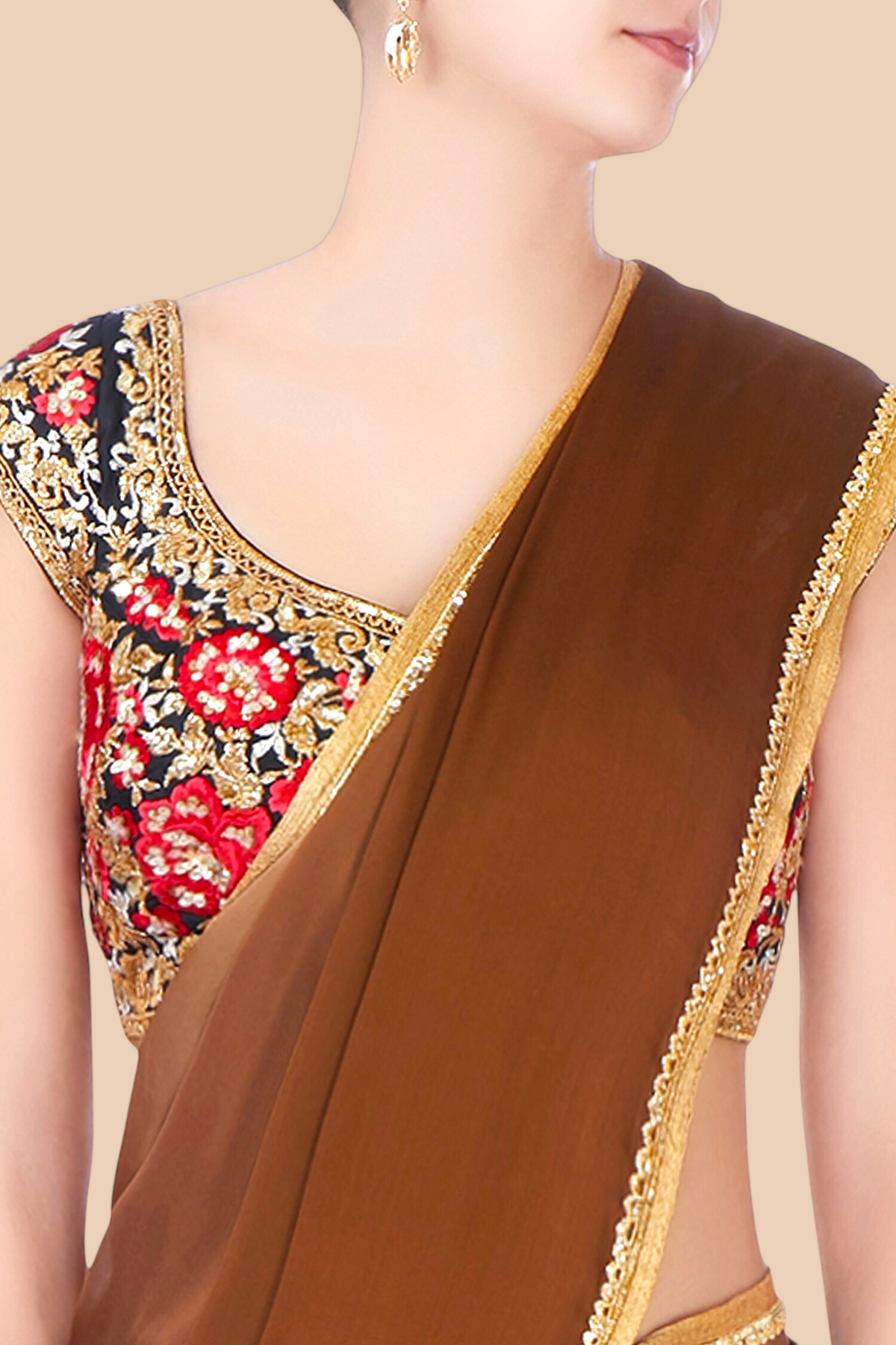 Black Floral Blouse paired with Brown Saree