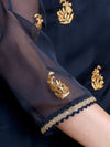 Navy blue fabric with gold embroidery and lace trim