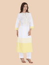 Styled front-facing look of kurta without trousers, paired with nude heels