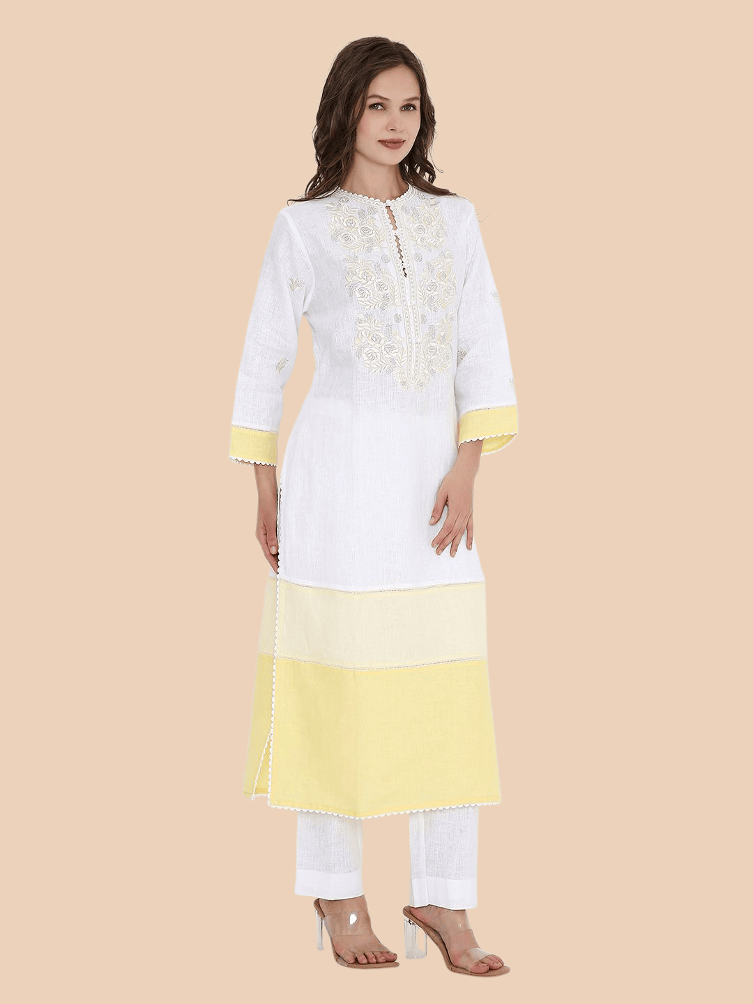 Styled front-facing look of kurta without trousers, paired with nude heels