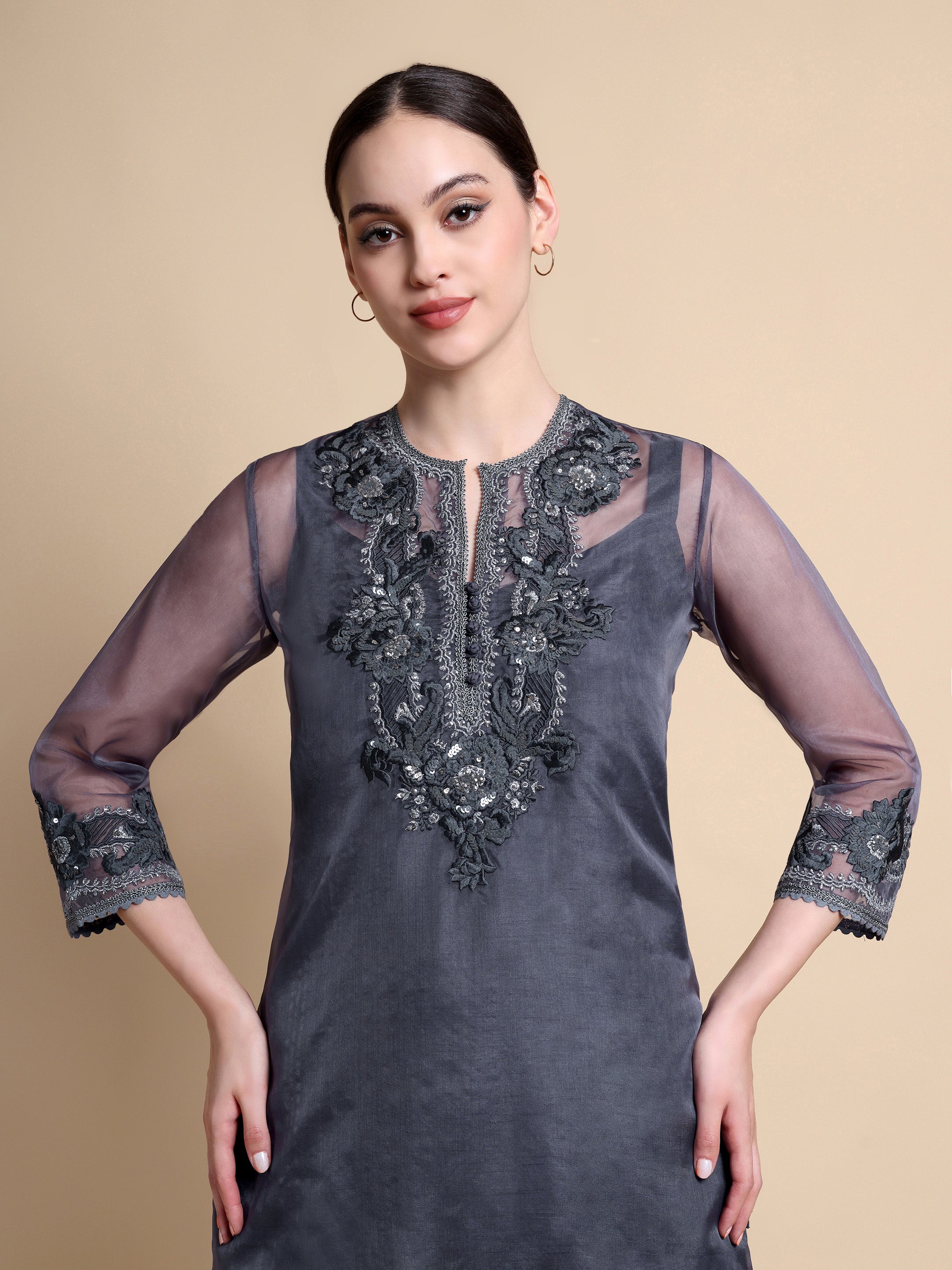 Woman wearing a gray embroidered dress with sheer sleeves on a beige background