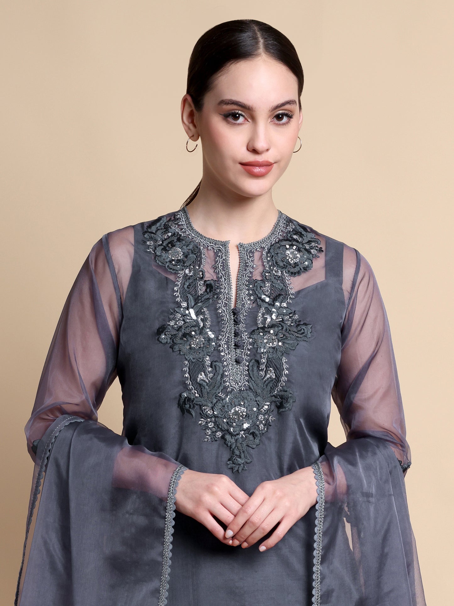 Woman wearing a gray embroidered dress with sheer sleeves on a beige background