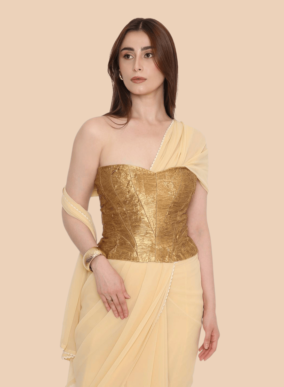 Front view of gold crush tissue corset with structured boning on model