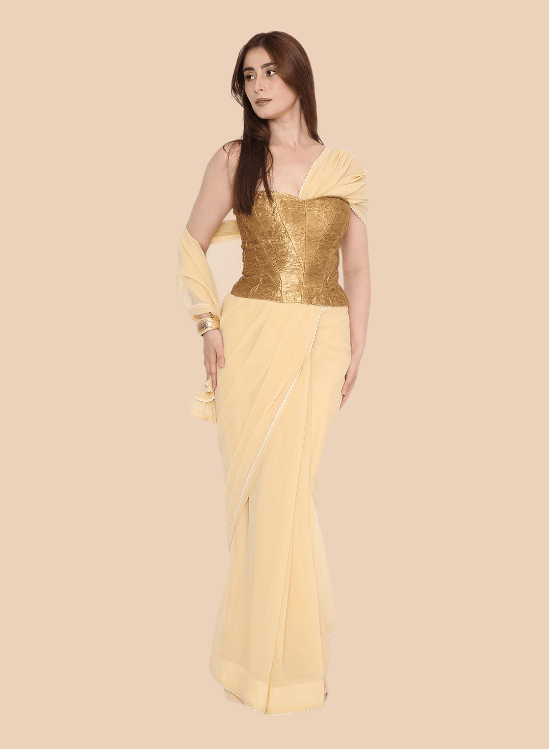 Front view of gold crush tissue corset with structured boning on model