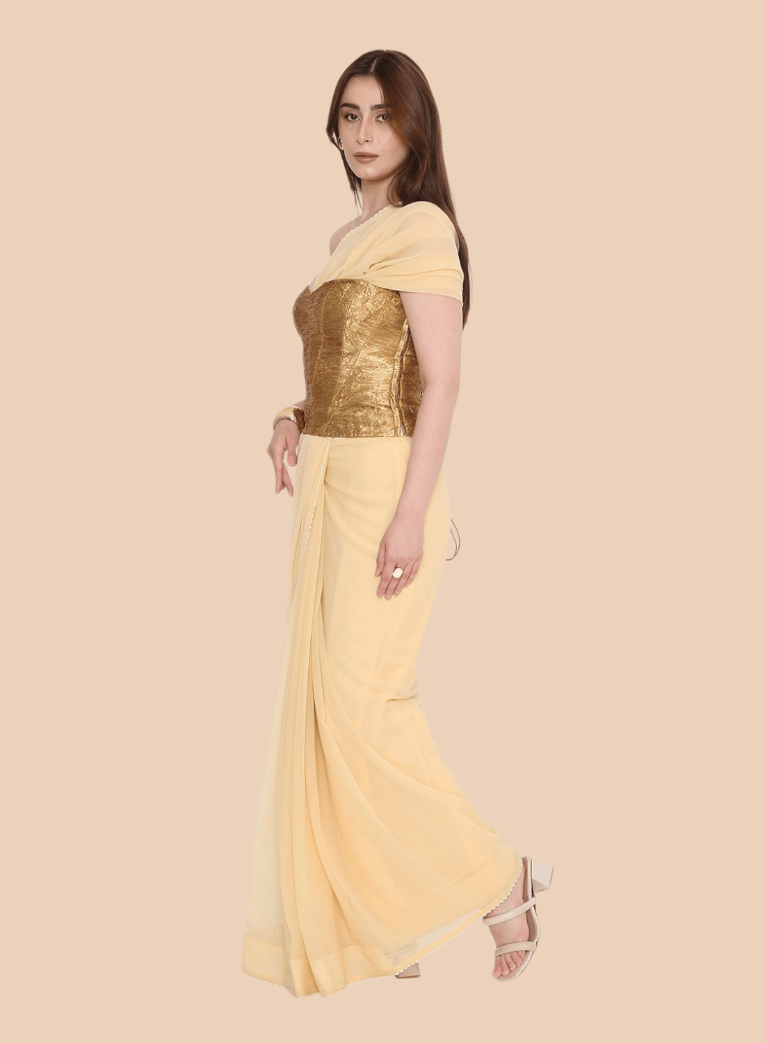 Side profile of gold crush corset showing smooth side zip and contouring fit