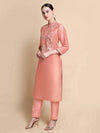 Side view of embroidered pink tissue kurta showing elegant straight silhouette