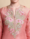 Close-up of floral and paisley zari embroidery on pink silk kurta