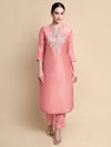 Full outfit view of pink tissue silk kurta with matching trousers