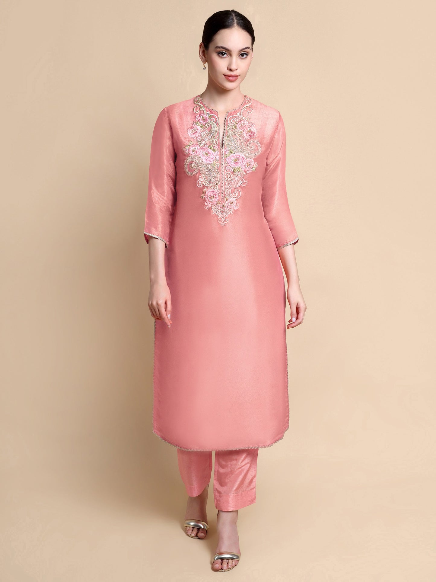 Full outfit view of pink tissue silk kurta with matching trousers