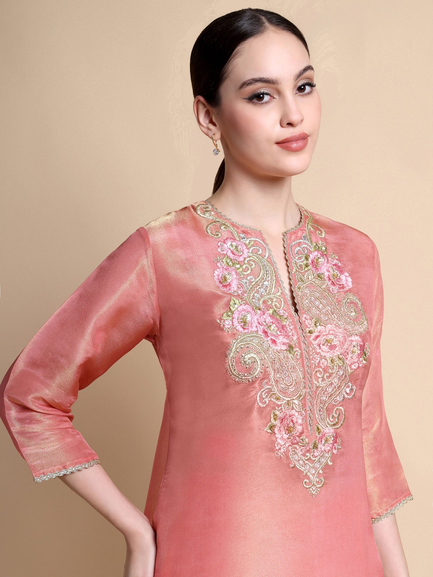 Pink Tissue Silk Kurta with floral and paisley zari embroidery – front view