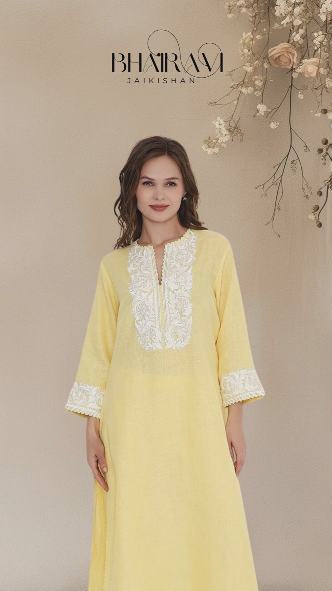 Model showing Yellow linen kurta with embroidery